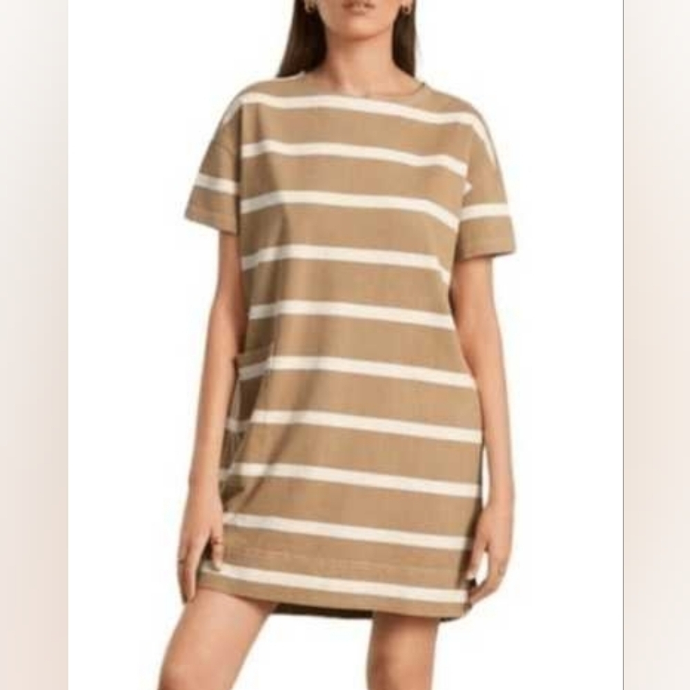 Everlane -Women's Oversized Striped Tan and White Dress M 100%Organic Cotton